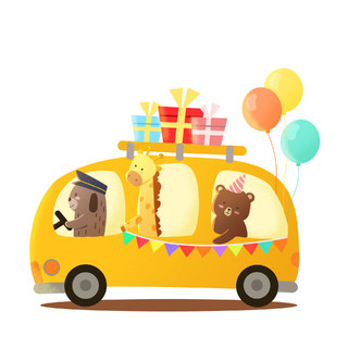 卡通小动物开车坐车巴士生日派对旅游元素GIF动态图生日元素